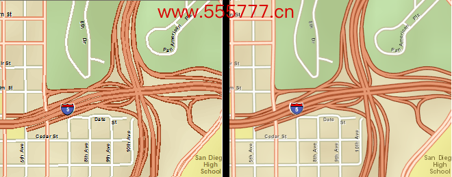 ArcMap 中显示的街道地图（左图）和显示为地图服务的街道地图（右图）